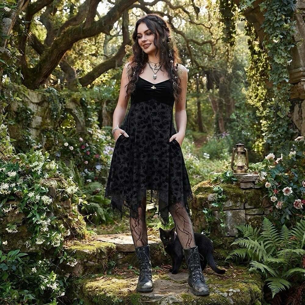 Cosmic Aura Sz S Velvet Flocked Lace Floral Hanky Hem Dress Whimsigoth Babydoll